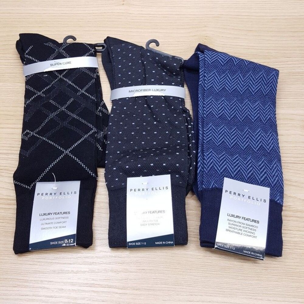 PERRY ELLIS Crew Dress Socks Black Blue 3-Pack Rayon Nylon Plaid Zig Zag Micro